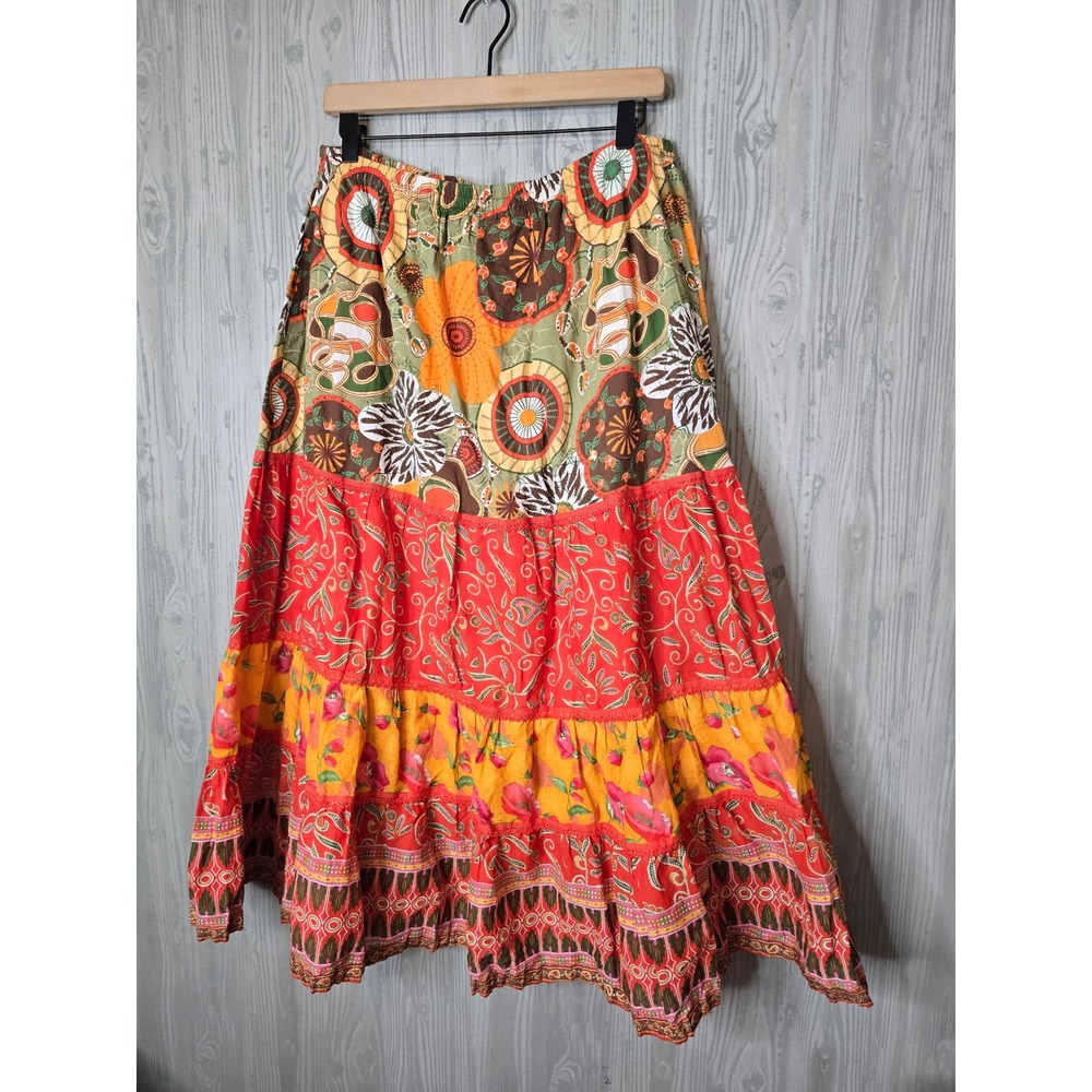 Coldwater Creek Maxi Skirt Womens L Cotton Tiered Boho Floral Paisley Multi